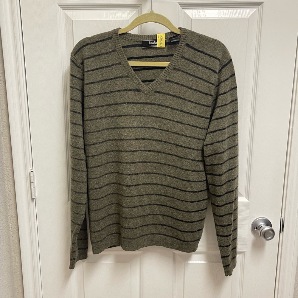 Neiman Marcus Cashmere Striped Vneck Sweater